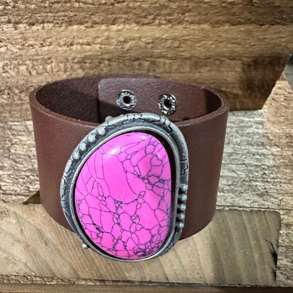 Hot‎ Pink Stone and Dark Brown Leather Cuff Bracelet - Picture 3 of 9
